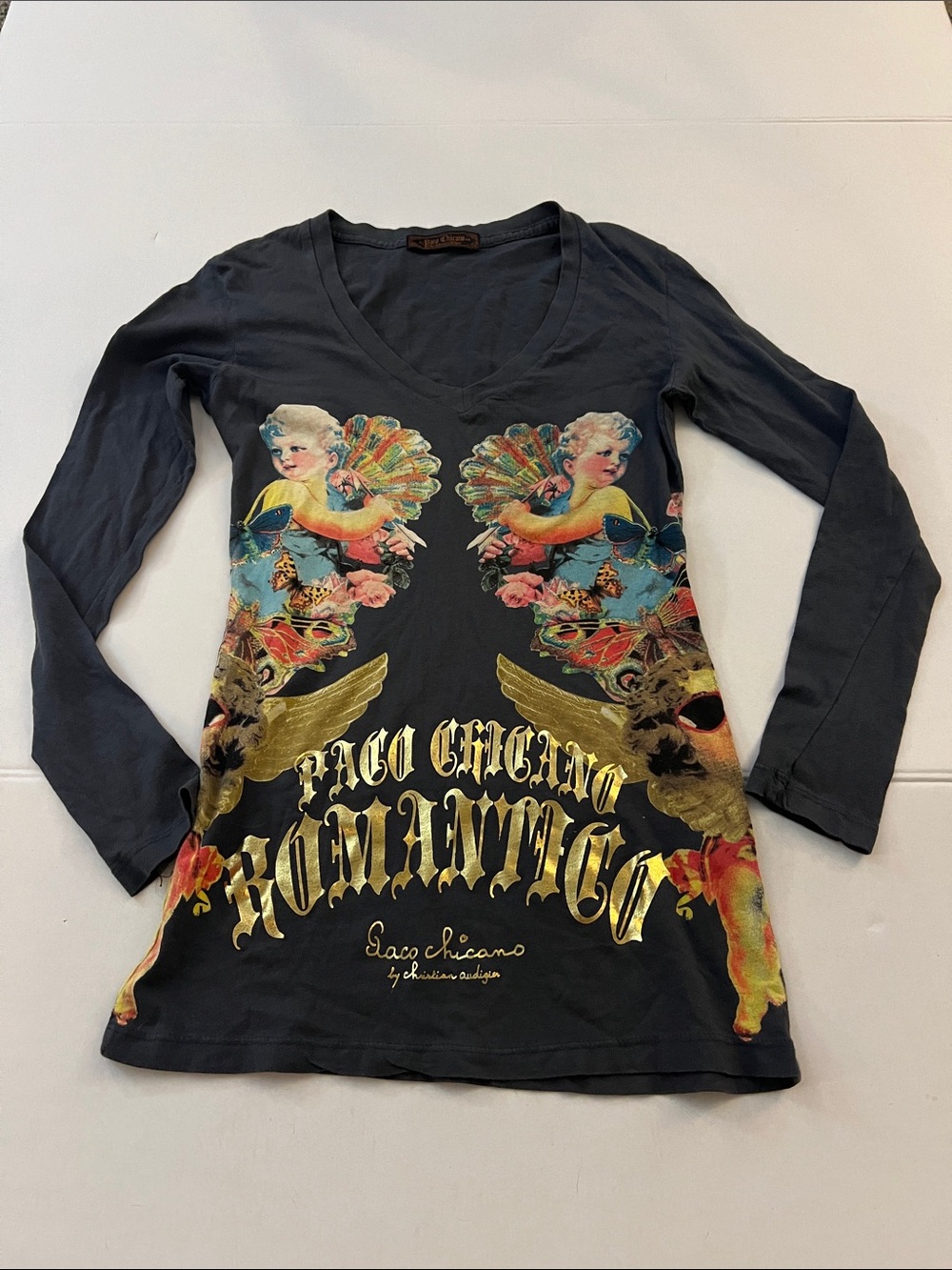 Vintage Y2K Christian Audigier Paco Chicano Black Cherub Cotton top Size XS - Picture 1 of 13